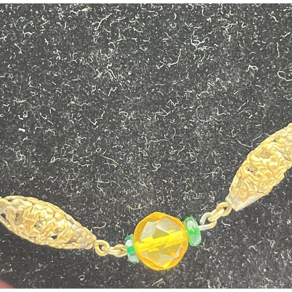 Vintage Glass Bead Filigree 24”Necklace Push Clasp Yellow Green Gold Tone - Picture 2 of 5